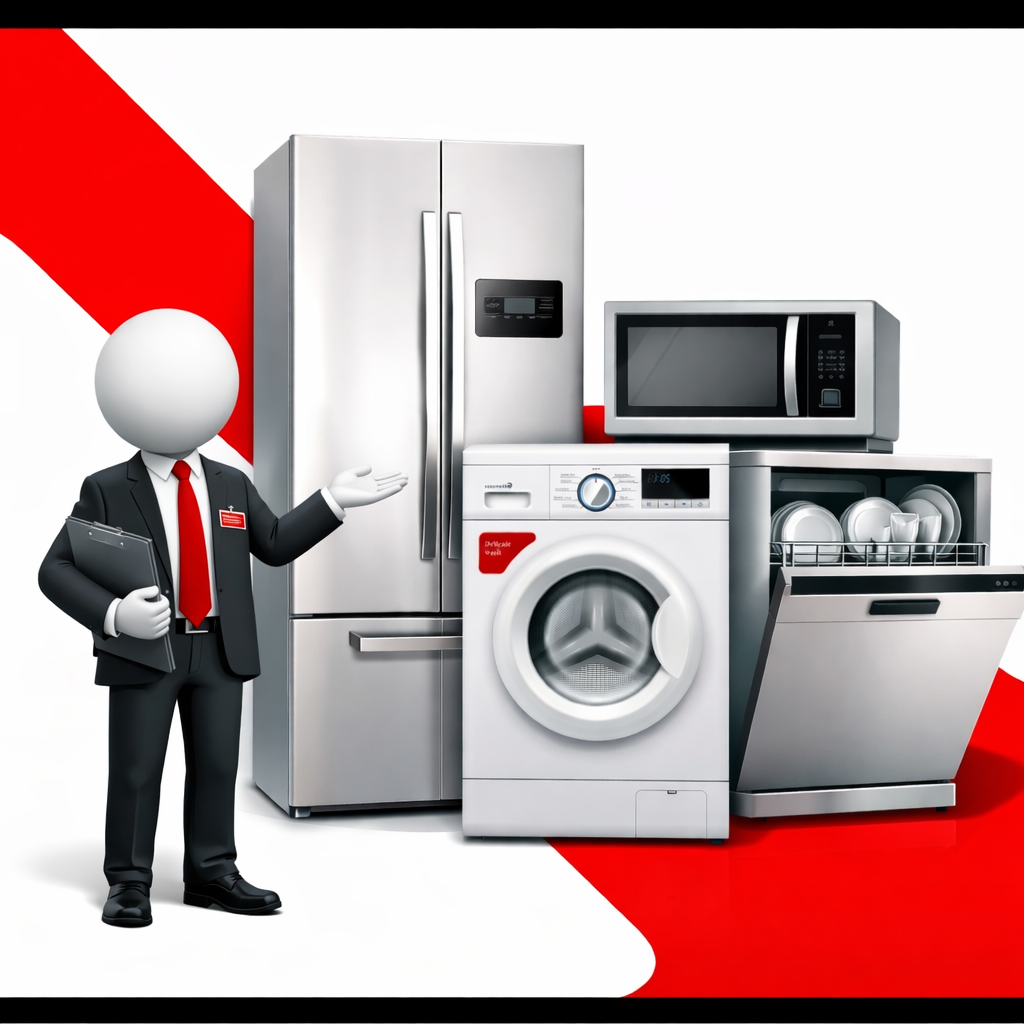 vendedor representado por un muñeco y electrodomesticos